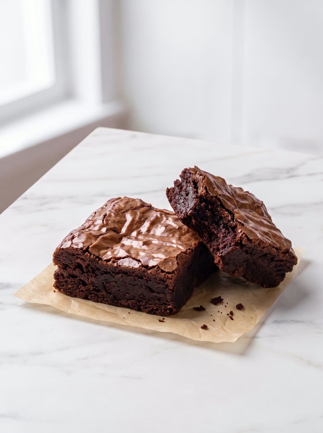 A square fudgy brownie on parchment, with a second piece broken in half to show its dense centre.