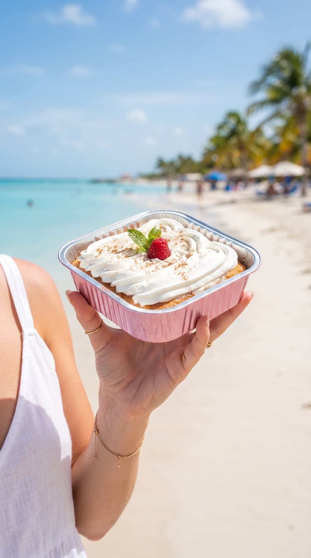 A tres leches tray held up against a turquoise sea